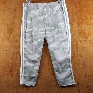 MOTHER Jeans Womens Size 31 Green Camo Stripe Linen Blend SHAKER CHOP CROP FRAY